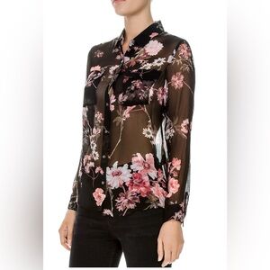 The Kooples Women's Long Sleeve Floral Chiffon Button Up Blouse Black/Pink Sze M